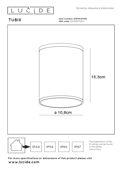 Lucide TUBIX - Plafondspot Binnen/Buiten - Ø 10,8 cm - 1xE27 - IP54 - Antraciet - technisch